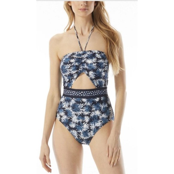 Michael Kors Other - Michael Kors Palm Mix Bandeau Cutout One-Piece Swimsuit Navy 14